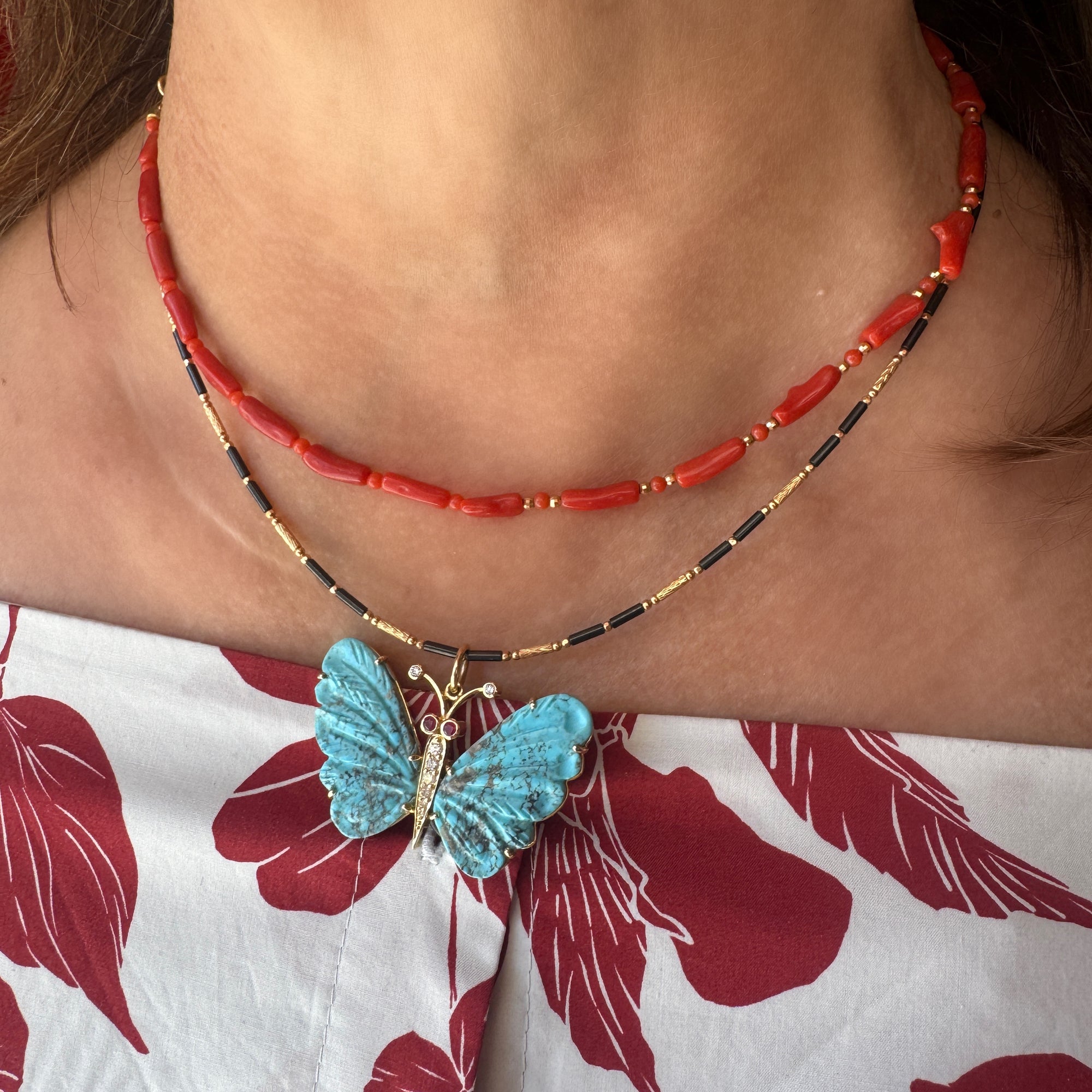 Carved Turquoise 14K Butterfly Pendant