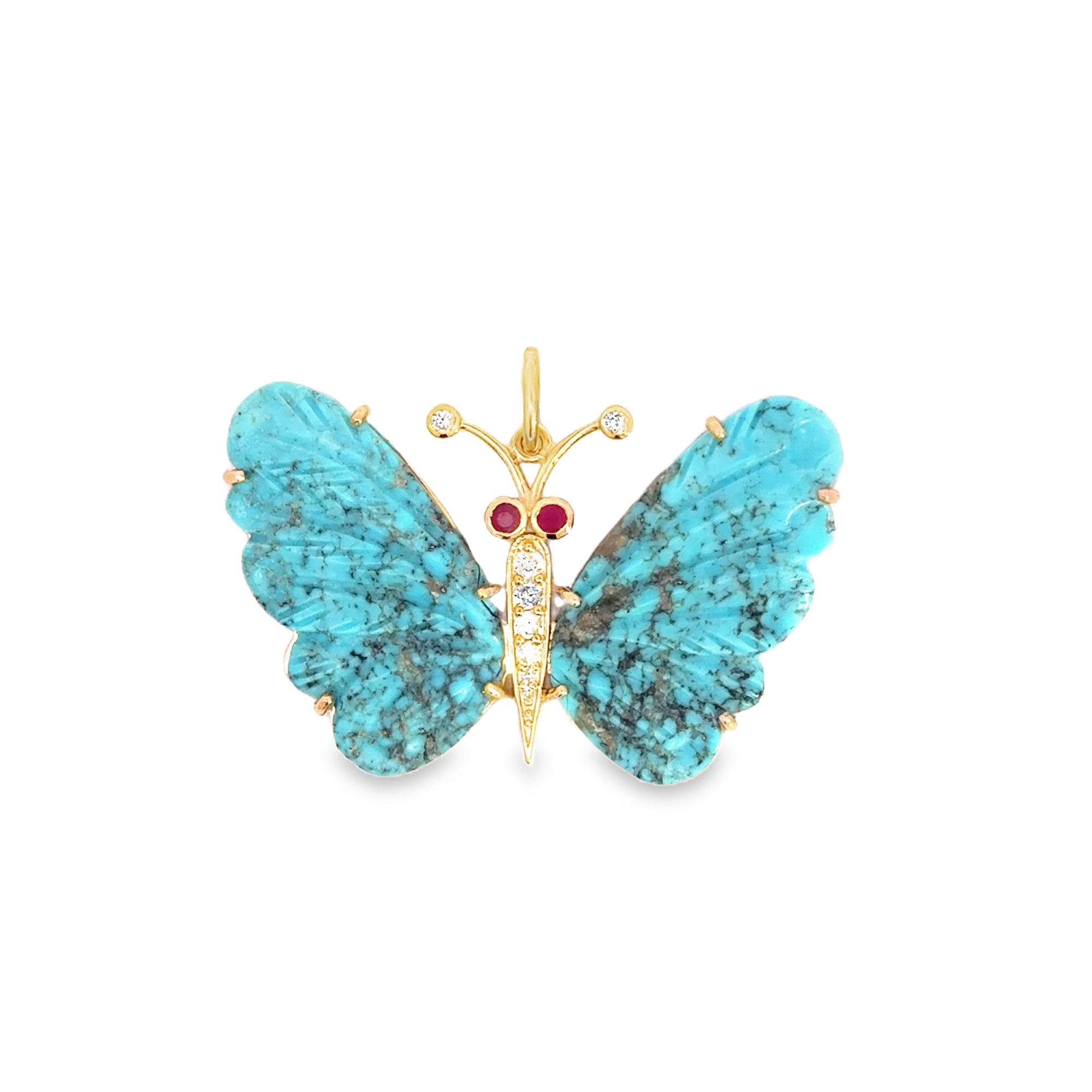 Carved Turquoise 14K Butterfly Pendant
