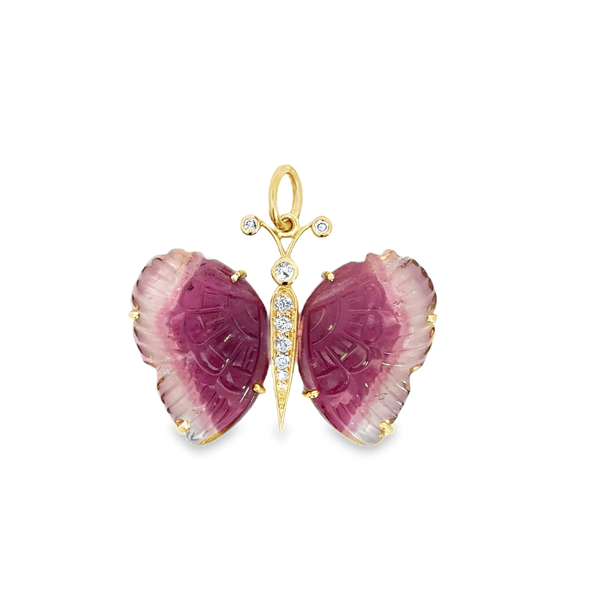 Carved Tourmaline & Diamond 14K Butterfly Pendant