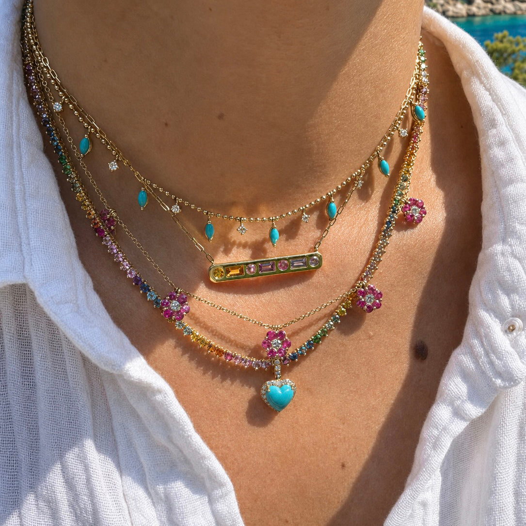 18K Gold Fringe Marquise Gemstone & Diamond Necklace