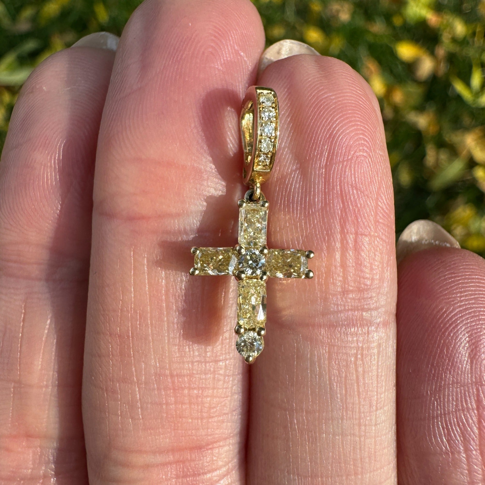 18K Gold Emerald-Cut Gemstone & Diamond Mini Cross Pendant
