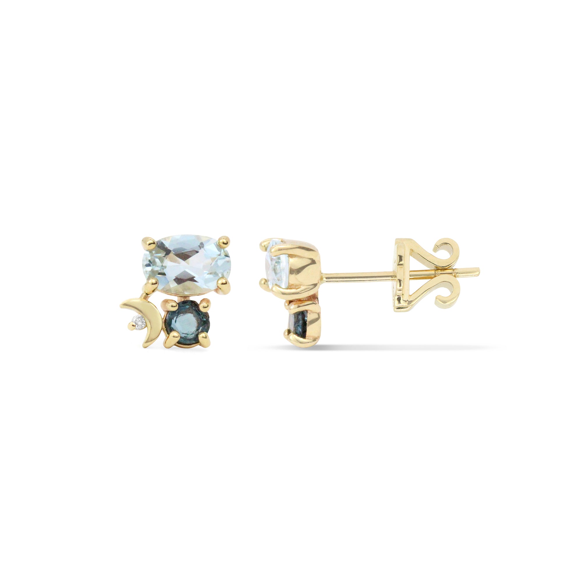 Gemstone & Diamond 14K Crescent Moon Stud