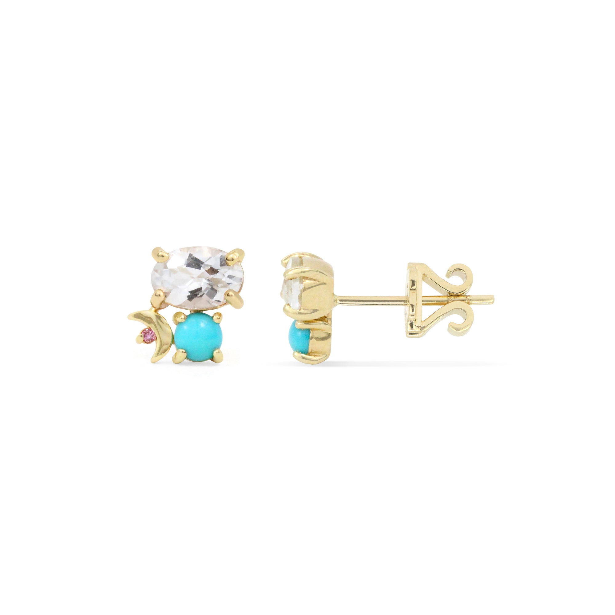 Gemstone & Diamond 14K Crescent Moon Stud