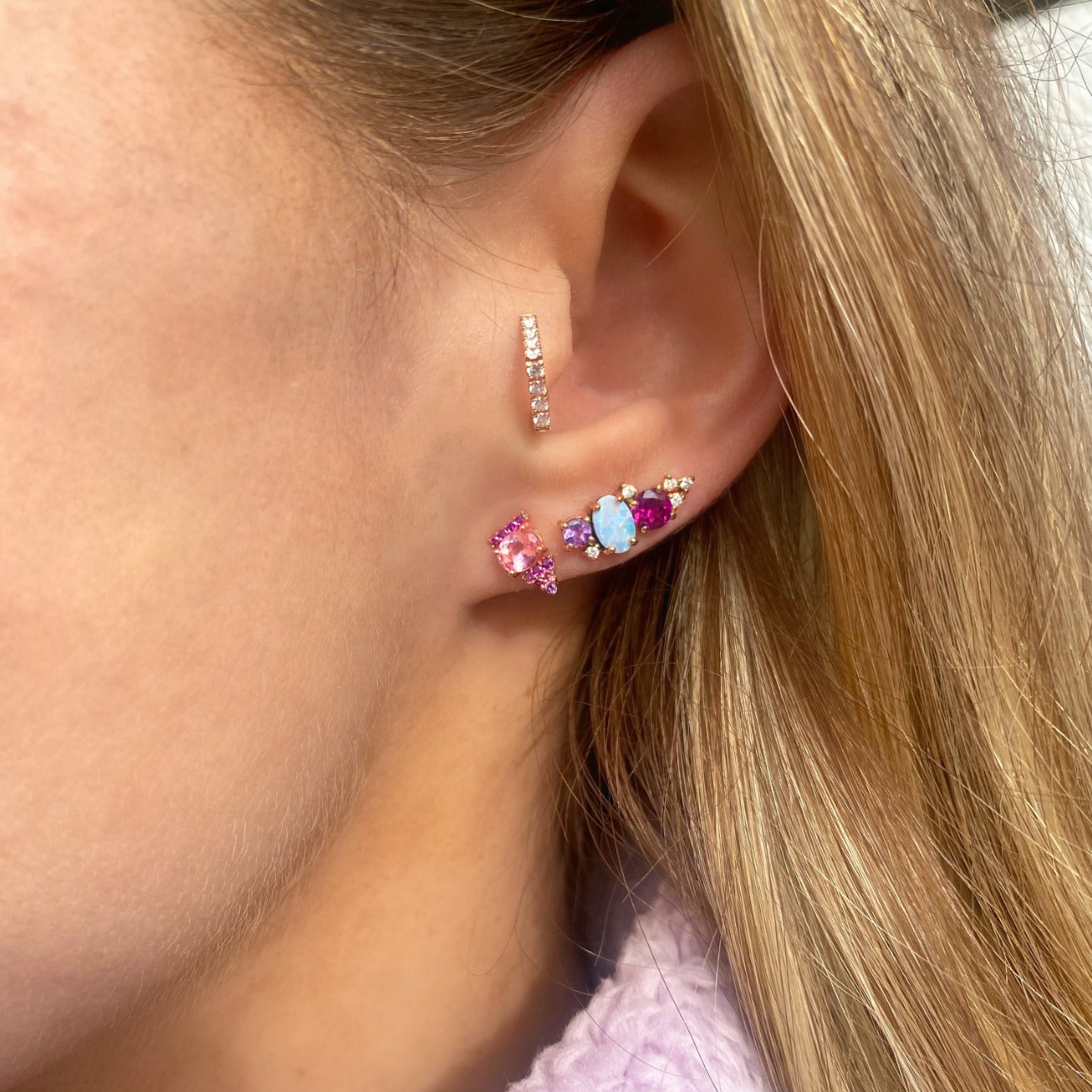 Gemstone & Diamond 14K Mini Ear Climber, Left