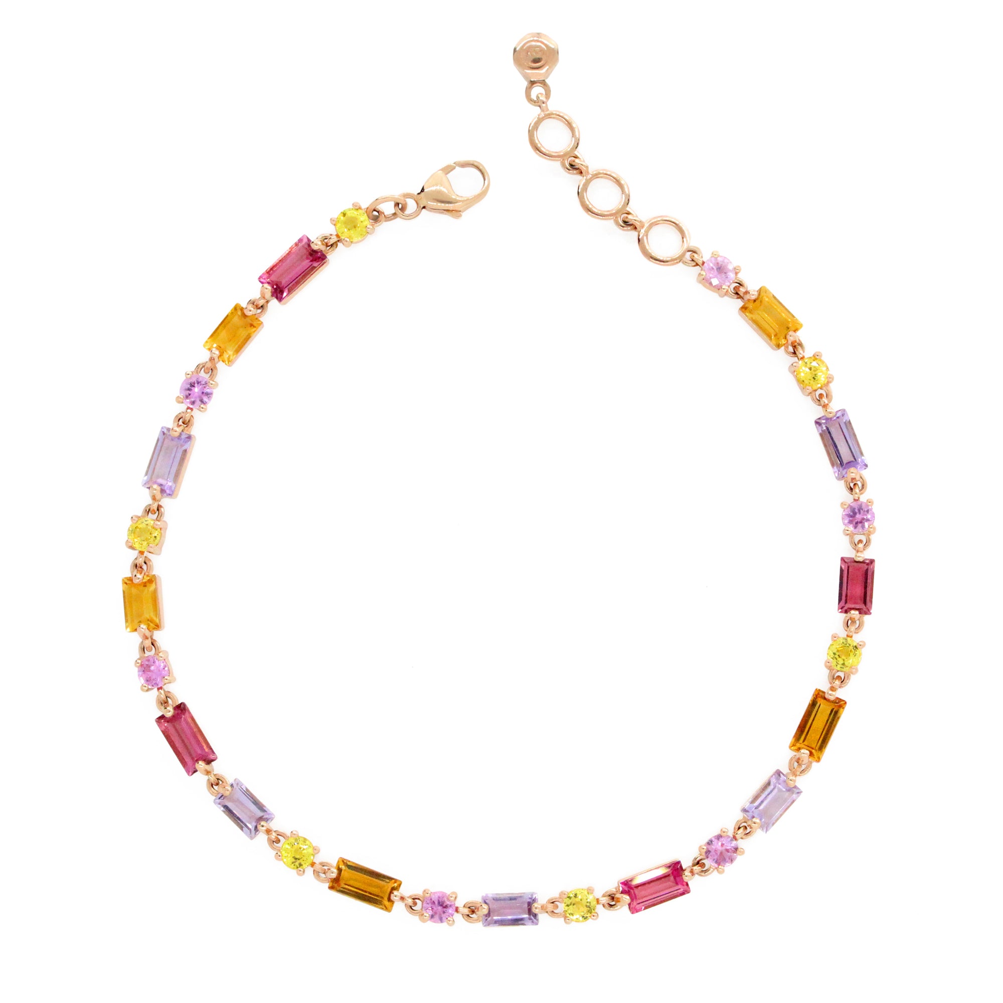 Pulsera colorida de piedras preciosas redondas y baguette de 14 quilates