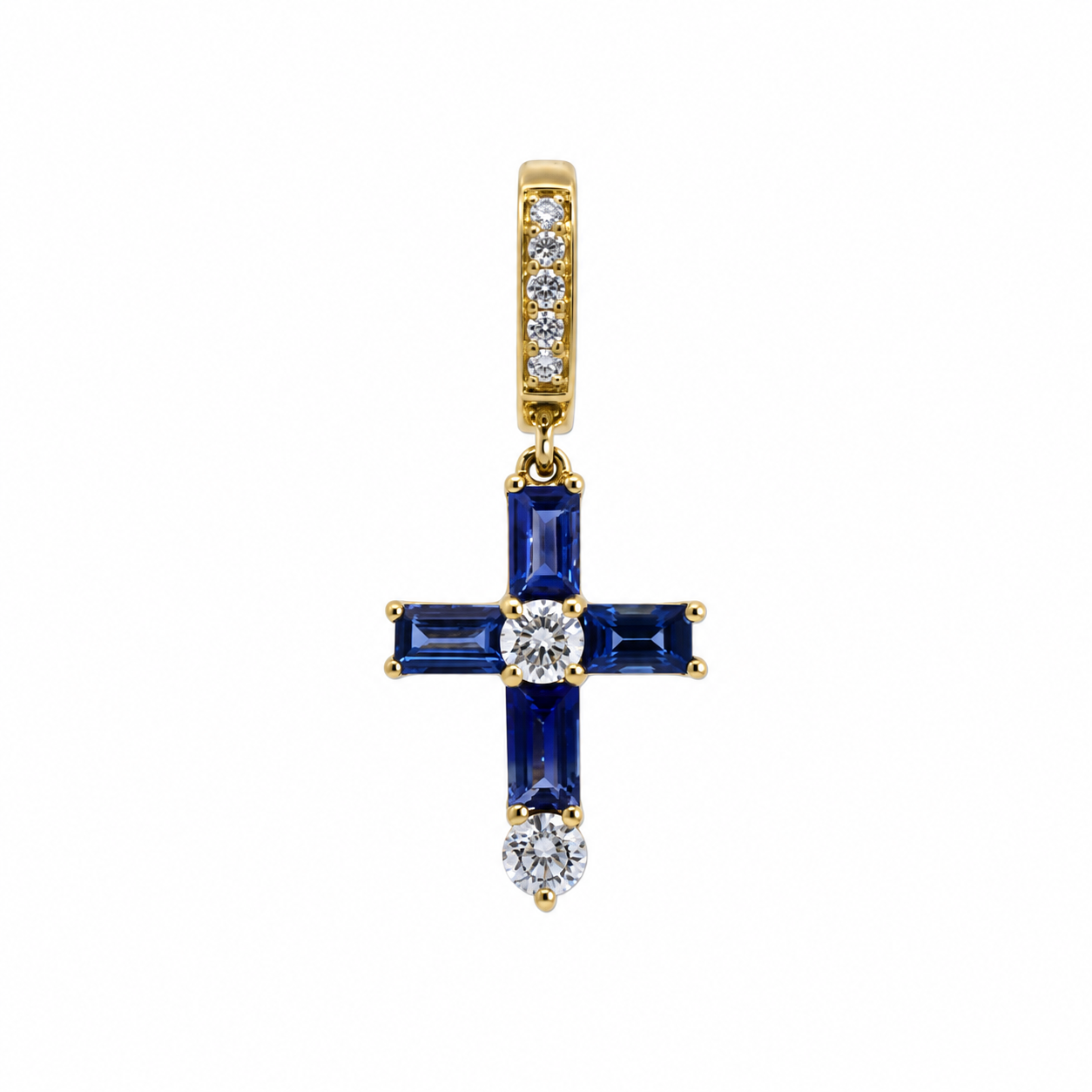 18K Gold Emerald-Cut Gemstone & Diamond Mini Cross Pendant
