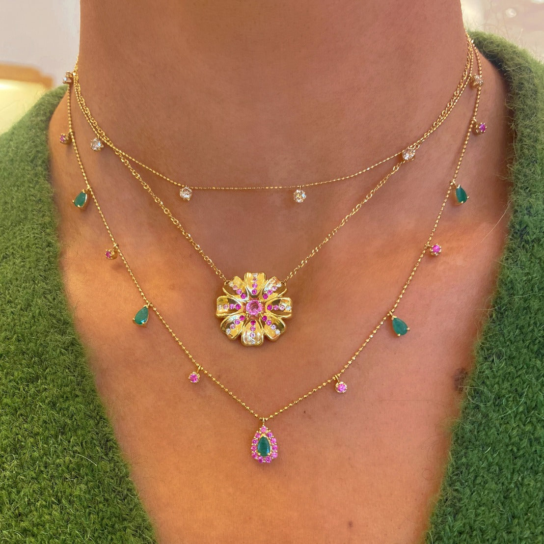 Gemstone 18K Poppy Flower Necklace