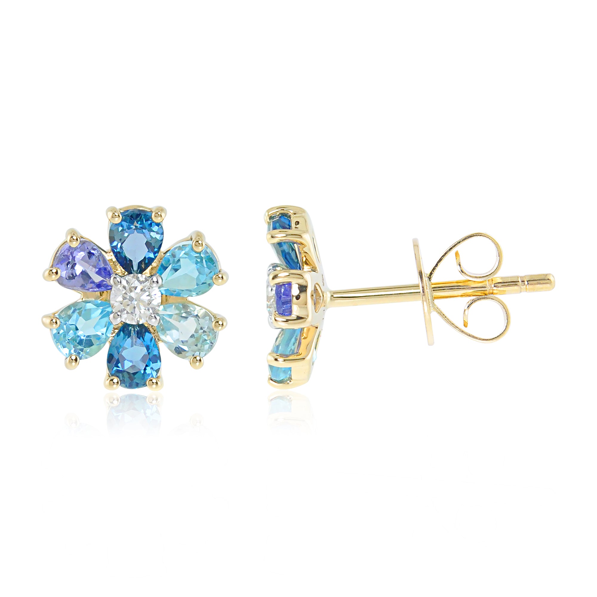 14k Gold Flower authentic Earrings with Blue stones