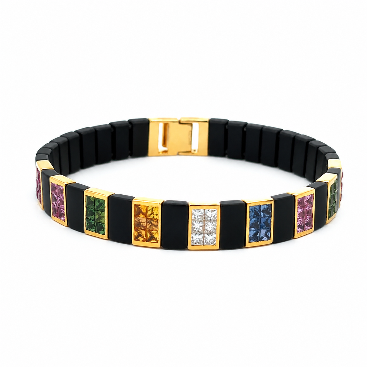 Princess Cut Gem & Diamond 14K Matte Black Ceramic Bangle