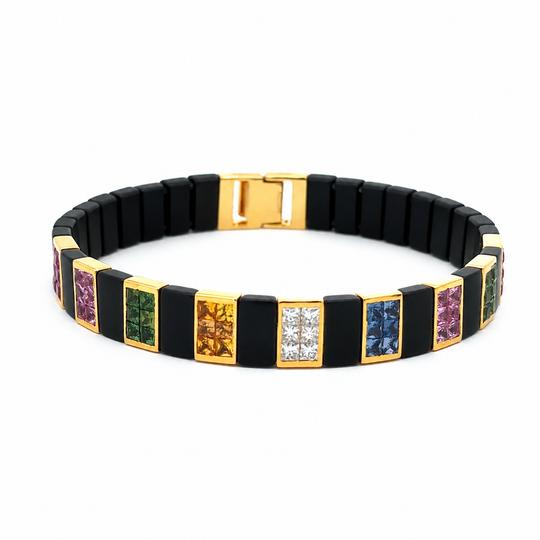 Princess Cut Gem & Diamond 14K Matte Black Ceramic Bangle
