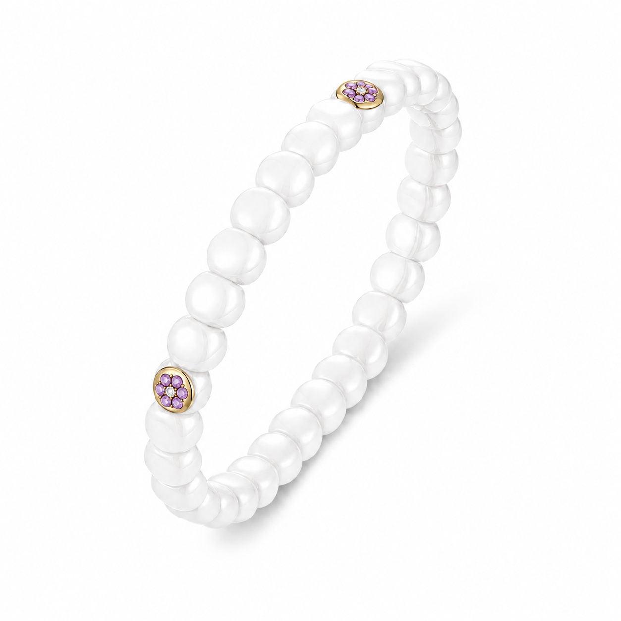 18K Gold Diamond & Gemstone Pavé Flower Ceramic Stretch Bracelet