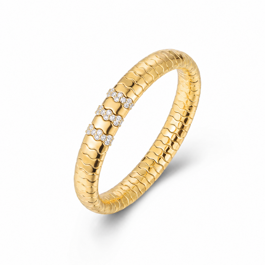 18K Gold Three Diamond Bar Ceramic Wave Stretch Bracelet