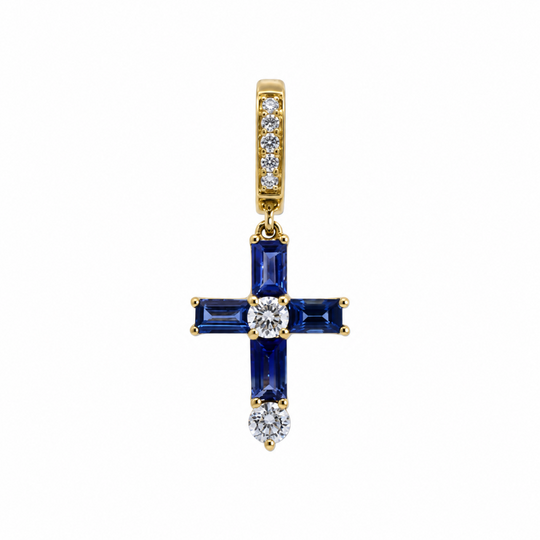 18K Gold Emerald-Cut Gemstone & Diamond Mini Cross Pendant