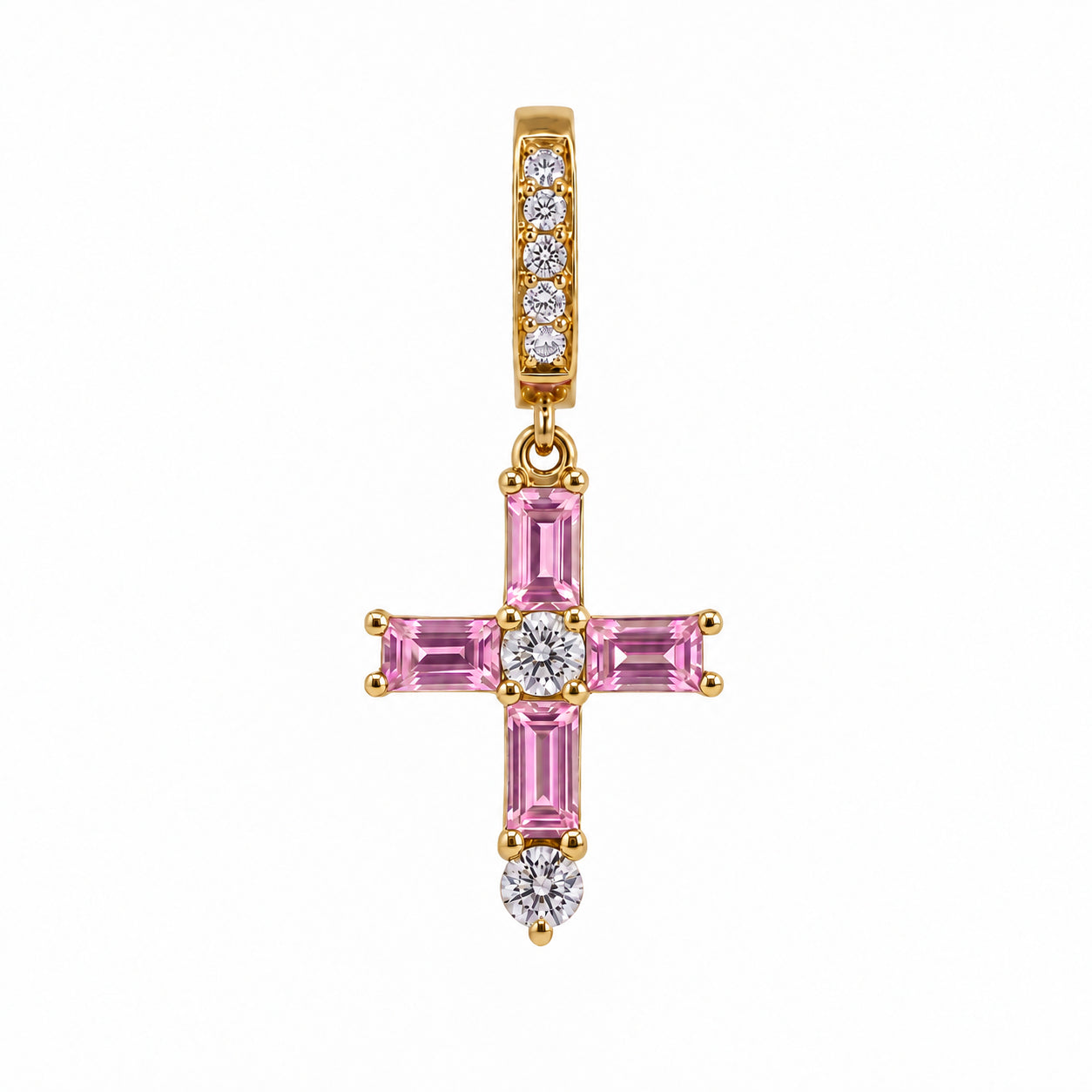 18K Gold Emerald-Cut Gemstone & Diamond Mini Cross Pendant