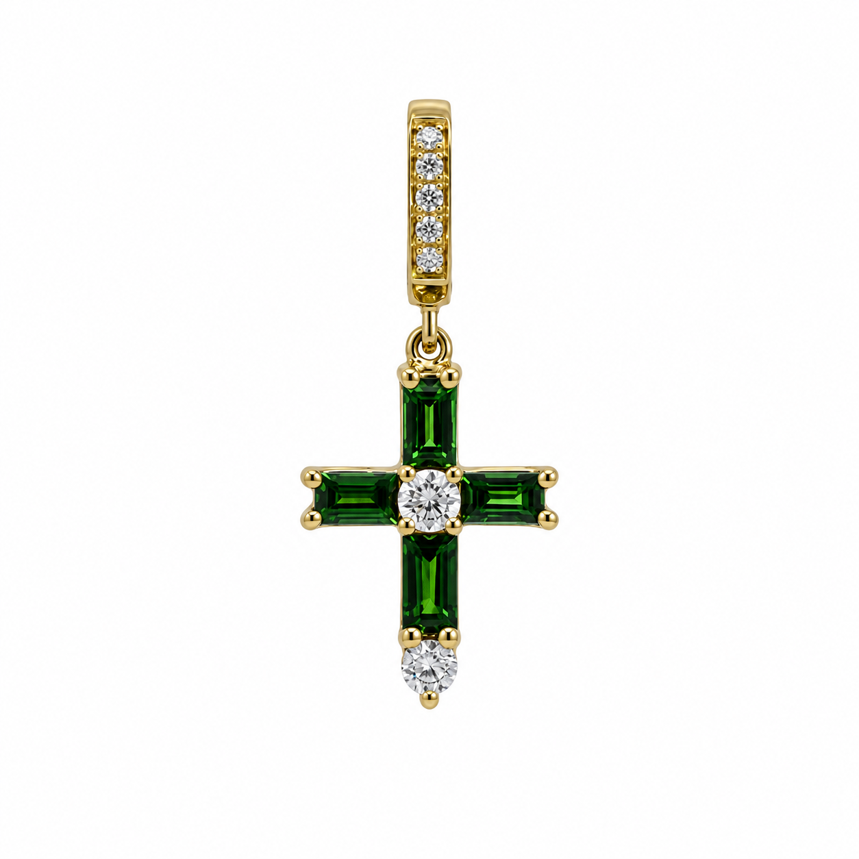 18K Gold Emerald-Cut Gemstone & Diamond Mini Cross Pendant