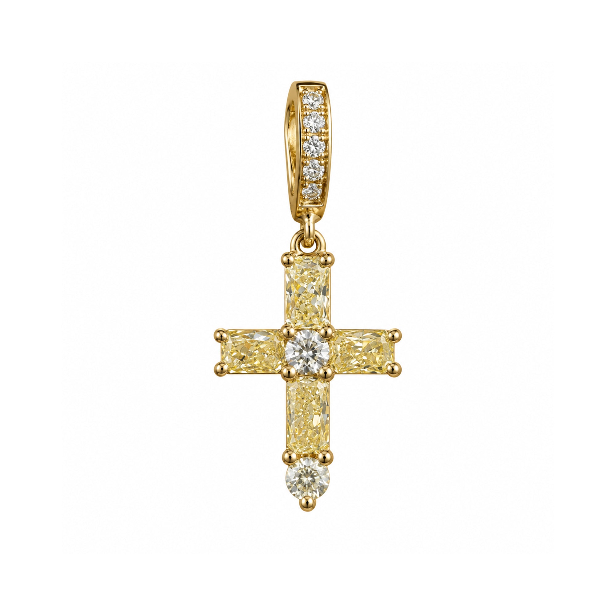 18K Gold Emerald-Cut Gemstone & Diamond Mini Cross Pendant