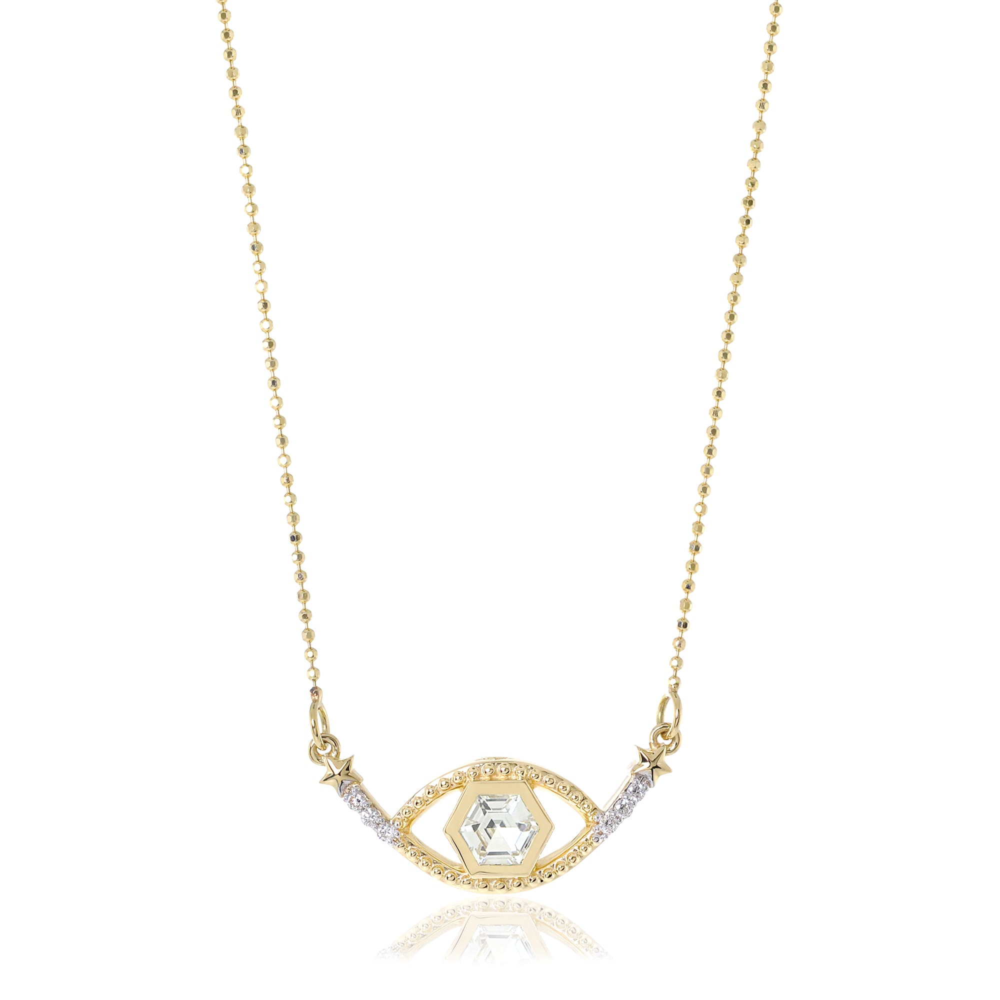 Collar de ojo malvado de 18 quilates con diamantes y piedras preciosas en forma de panal