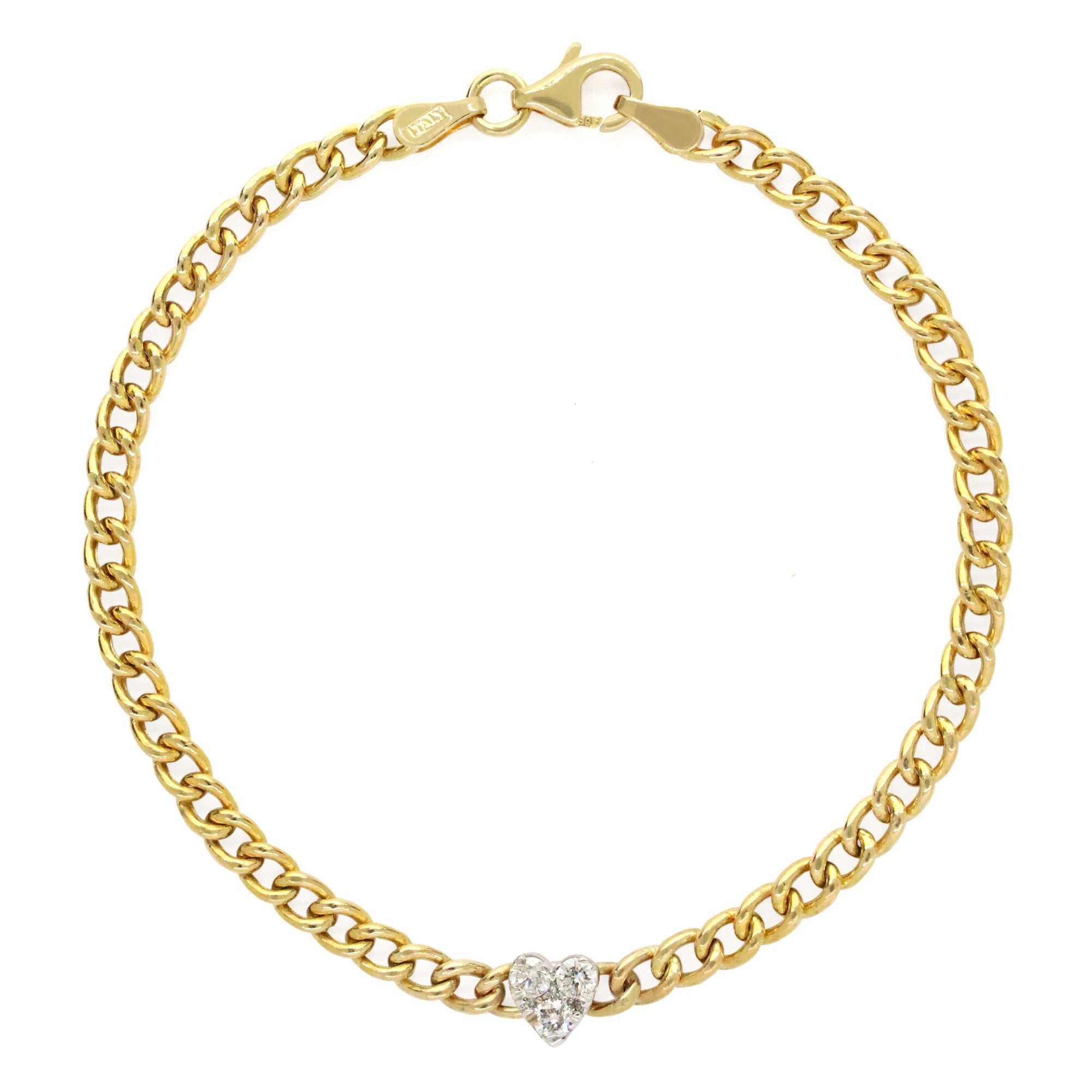 Pulsera con eslabones curvos de 14 quilates y corazón de diamantes