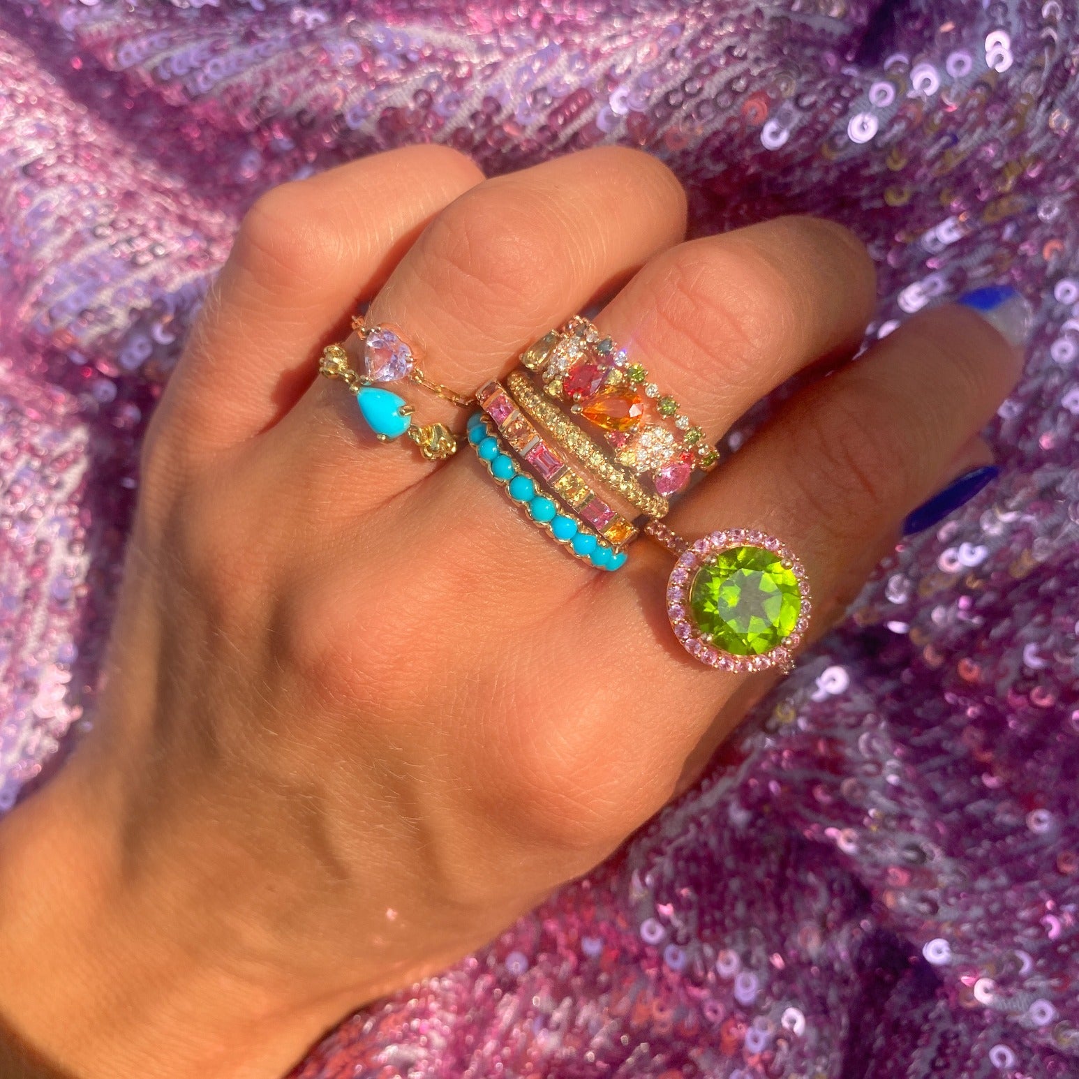 Princess & Round Cut 14K Bar Set Gemstone Ring